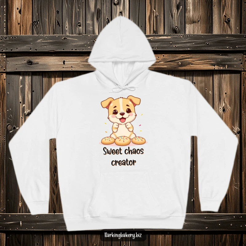 Funny hoodie featuring a dog joyfully decorating cookies with an explosion of sprinkles, perfect for cozy baking vibes.