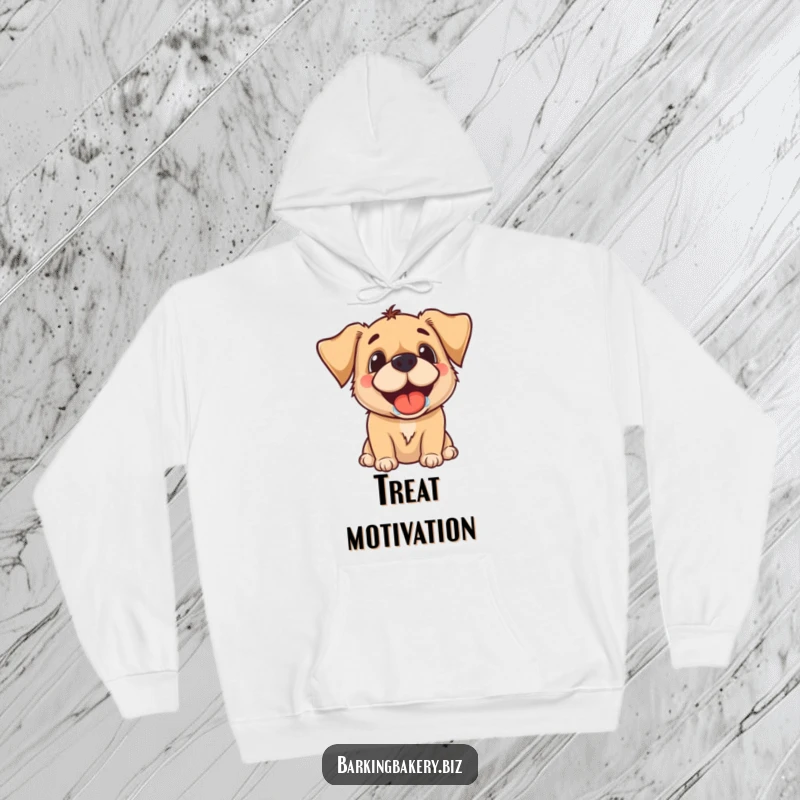 Funny and warm hoodie displaying a dog's eager, drooling grin, ready for a delightful treat.
