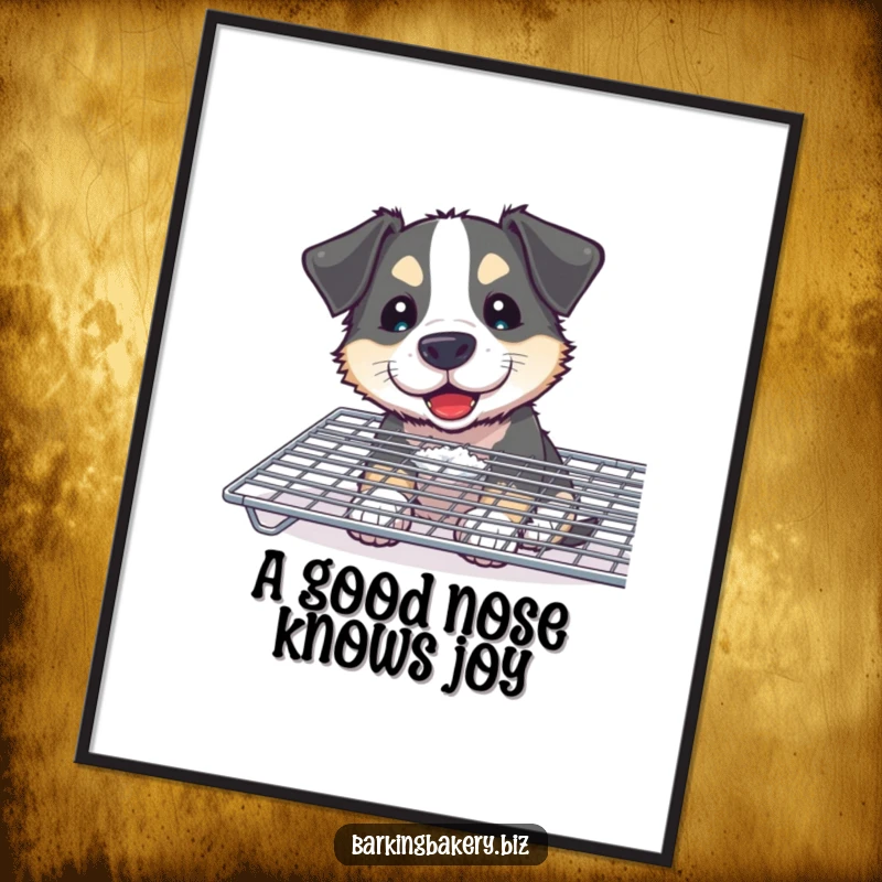 Funny Free Printable Wall Art: A curious dog with a flour smudge on its nose joyfully sniffs a cooling rack of treats.