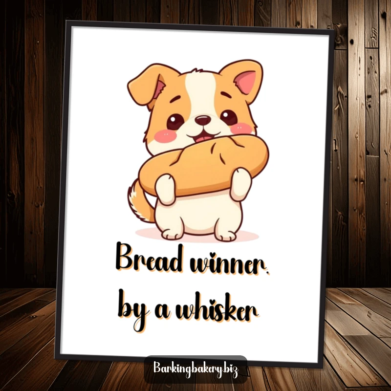 Funny Free Printable Wall Art: Dog triumphantly holding a perfectly baked loaf of bread, a humorous piece for food lovers.