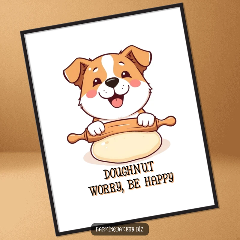 Funny Free Printable Wall Art showcasing a dog happily engaged with a rolling pin and a large, puffed piece of dough.