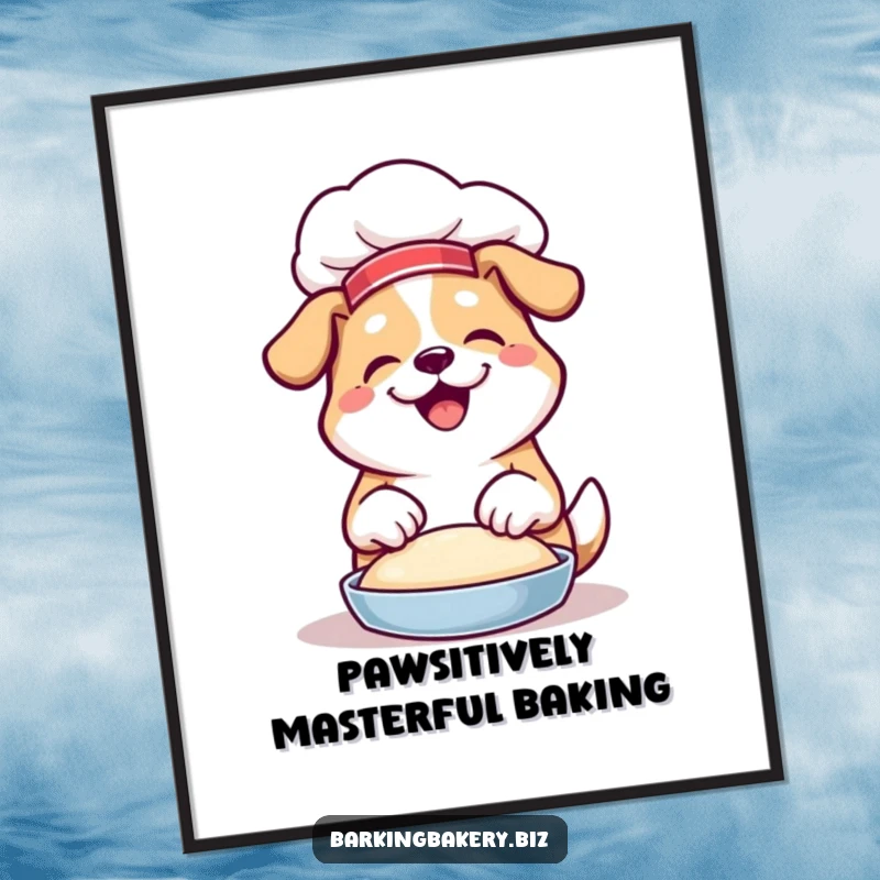 Funny Free Printable Wall Art: Dog wearing a chef hat, happily and energetically kneading a large ball of dough.