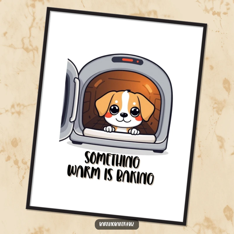 Funny Free Printable Wall Art: A dog with wide, eager eyes shown peeking intently into a warm, glowing oven.