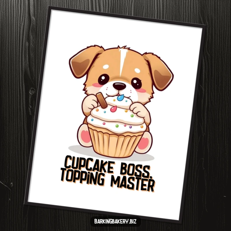 Funny Free Printable Wall Art showcasing a dog with concentration, carefully placing toppings on a nicely frosted cupcake.