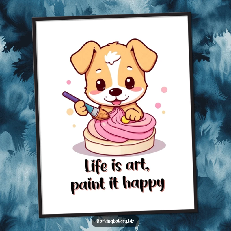 Funny Free Printable Wall Art capturing a dog artistically swirling colorful frosting with a paintbrush.