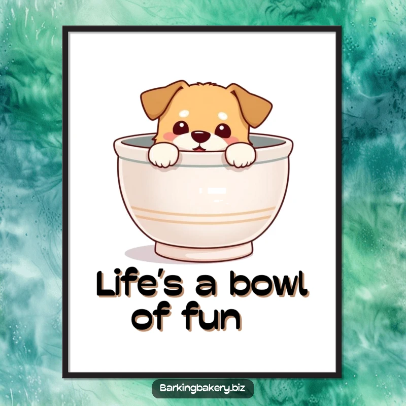 Funny Free Printable Wall Art: A dog peeking out of a giant mixing bowl with a delighted expression, adding whimsy.