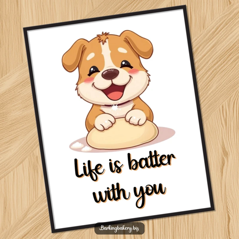 Funny Free Printable Wall Art of a dog with flour on its nose, gleefully kneading dough.