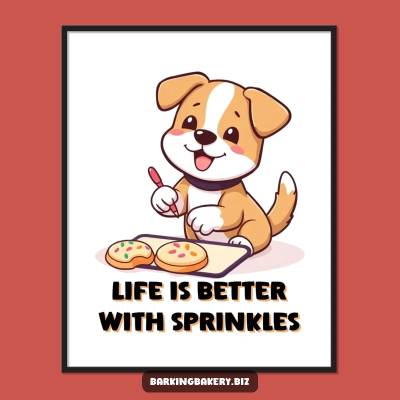 Free Printable Wall Art: Happy Dog Sprinkling Cookies - Downloadable Sweet Decor
