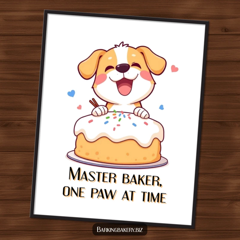 Funny Free Printable Wall Art: a dog gleefully decorating a cake with sprinkles, a humorous downloadable gift.