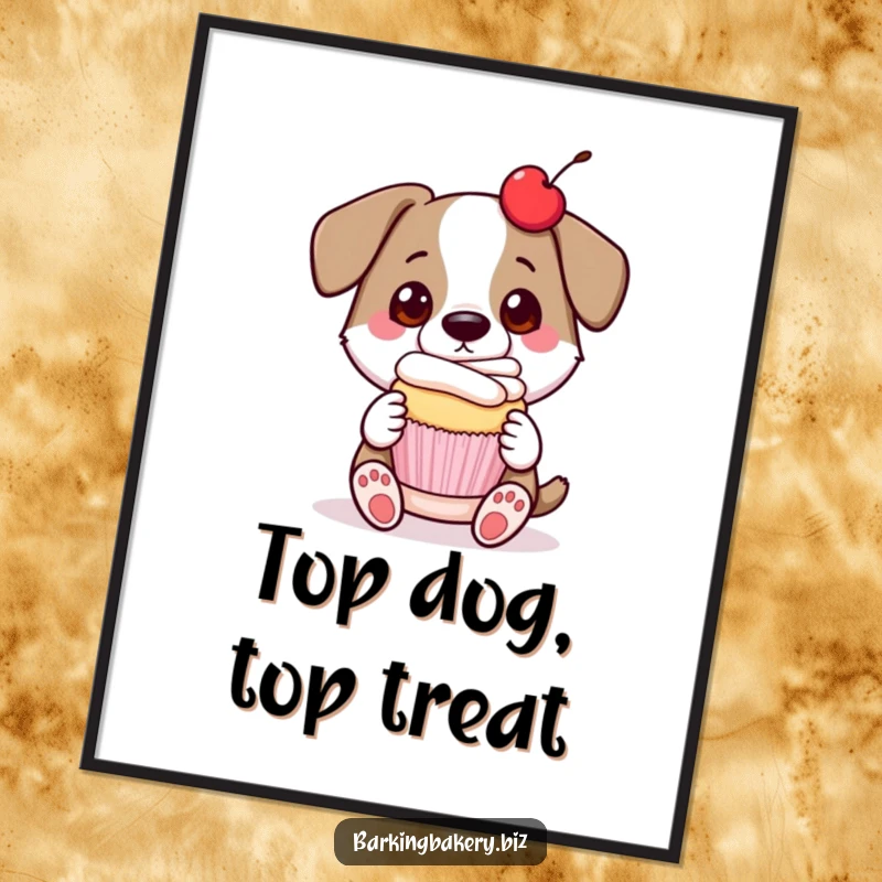 Free printable wall art: a proud dog holding a decorated cupcake with a cherry on top, looking very pleased.