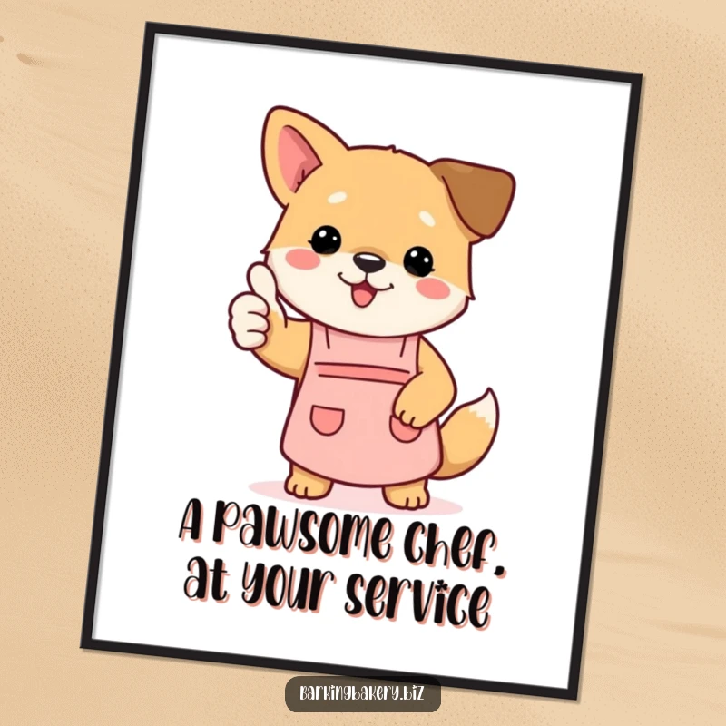 Funny Free Printable Wall Art: Dog wearing a tiny apron gives a thumbs up, a humorous and approving kitchen decoration.