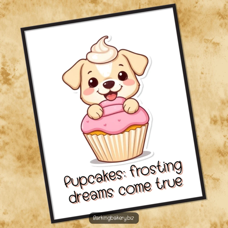 Funny free printable wall art of a small dog cheerfully frosting a cupcake with a big, swirled dollop, full of playful spirit.