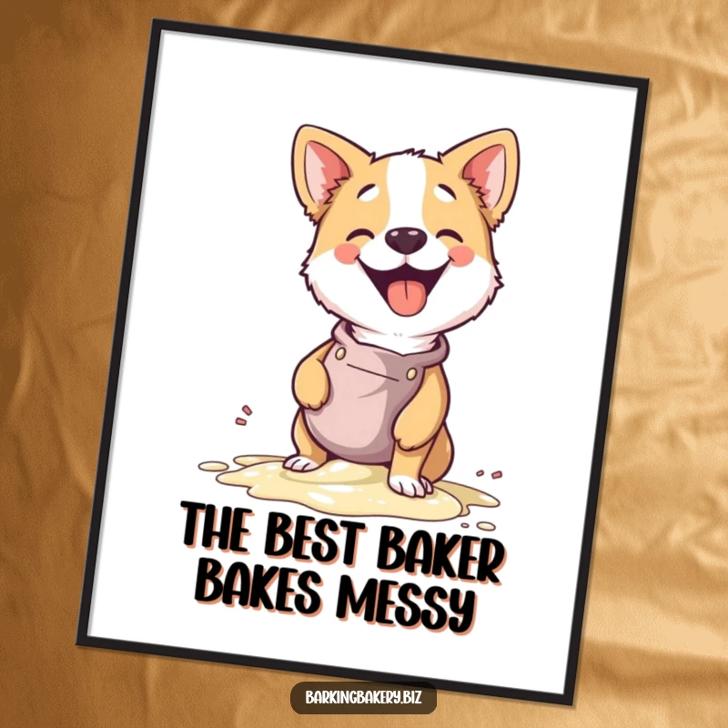 Funny Free Printable Wall Art: A gleeful dog in an apron hilariously spills batter, creating a comical kitchen scene.