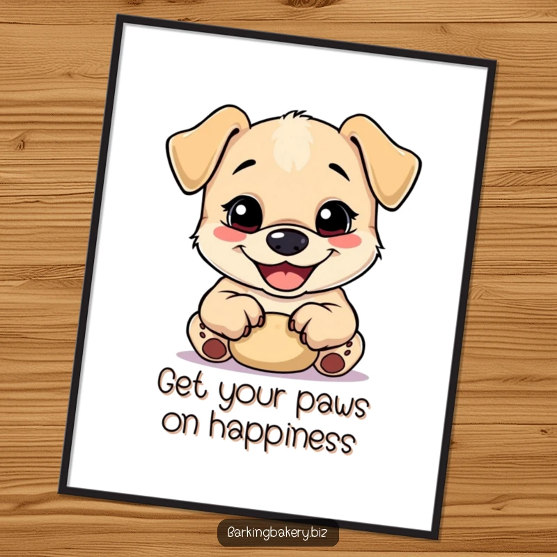 Funny Free Printable Wall Art: A happy puppy with a wide grin kneading dough with its tiny paws, bringing baking coziness.