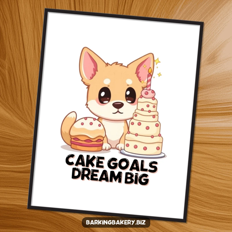 Funny Free Printable Wall Art of a dog with captivated starry eyes gazing at an enormous, beautifully decorated cake.