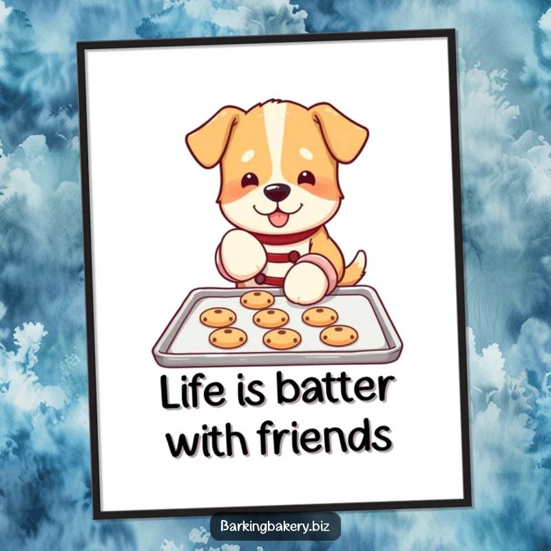 Funny Free Printable Wall Art: Dog wearing oven mitts carefully places cookies on a baking sheet, a master baker at work.