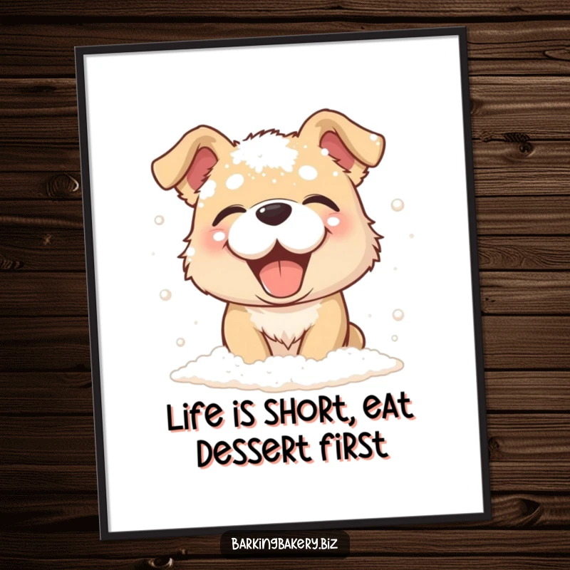 Funny Free Printable Wall Art: A dog giggling while enthusiastically covered in a dusting of flour, humorous downloadable art.
