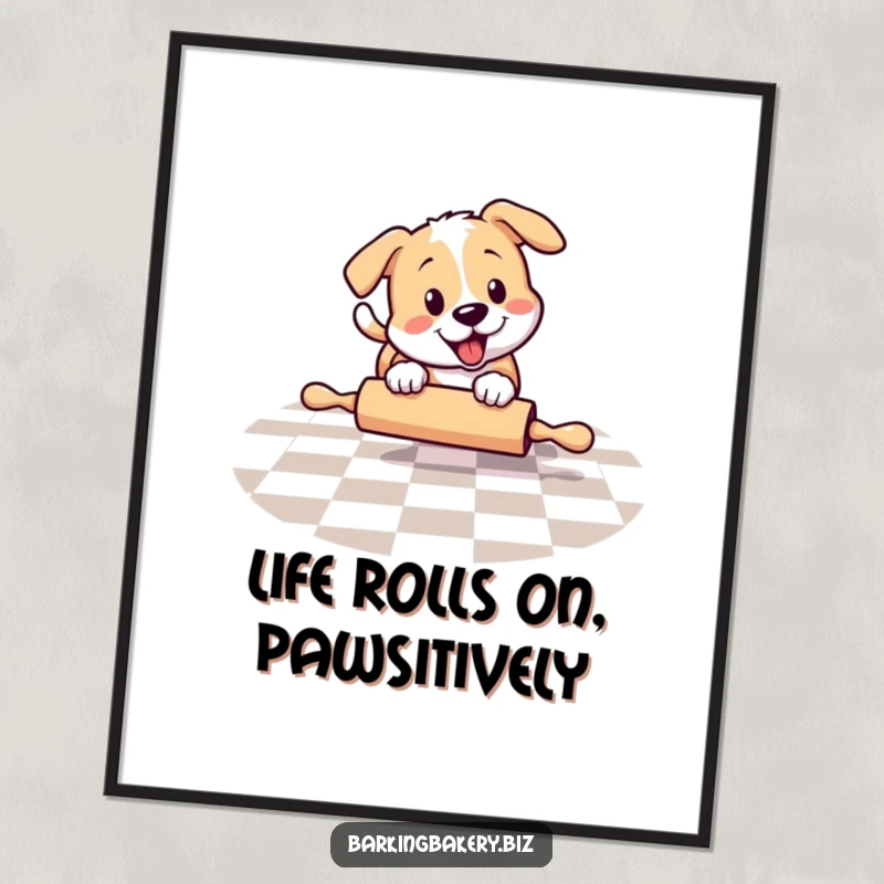 Funny Free Printable Wall Art: Dog playfully chasing a rolling pin across a checkered floor, playful downloadable art.