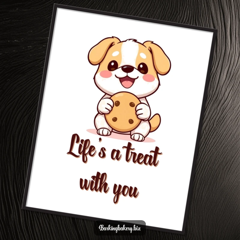 Funny Free Printable Wall Art: A happy kawaii dog with a wide smile holds a perfect cookie, bringing cheerful vibes.