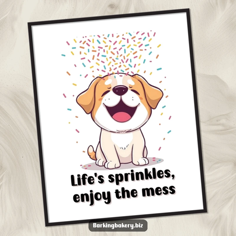 Funny Free Printable Wall Art depicting a dog gleefully giggling as colorful sprinkles rain down on its head.