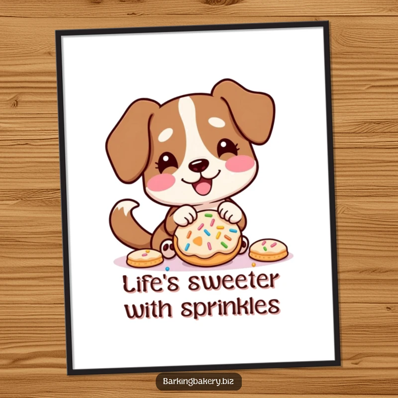 Funny Free Printable Wall Art: A happy dog with a wagging tail enthusiastically decorating a cookie with handfuls of sprinkles.