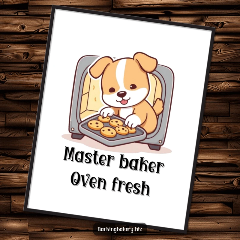 Funny Free Printable Wall Art of a dog beaming while sliding a tiny tray of cookies from a miniature oven.