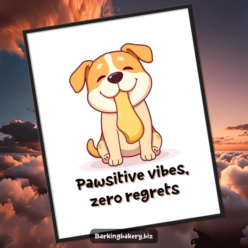 Free printable wall art: a playful dog catching a falling pastry in its mouth, a humorous and charming scene.