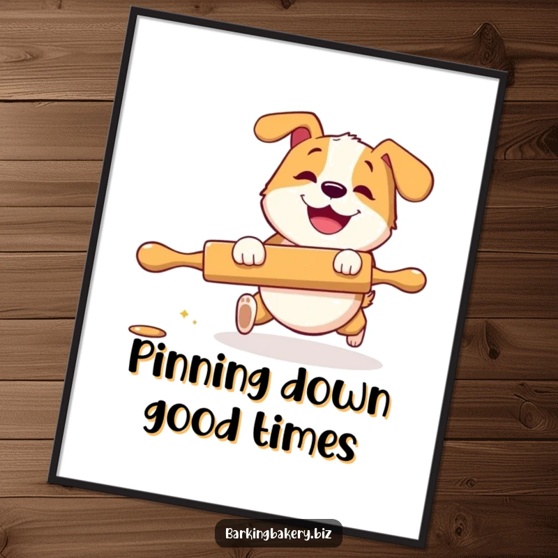 Funny Free Printable Wall Art: A dog with a wide grin playfully pursues a rolling pin, capturing pure energy.