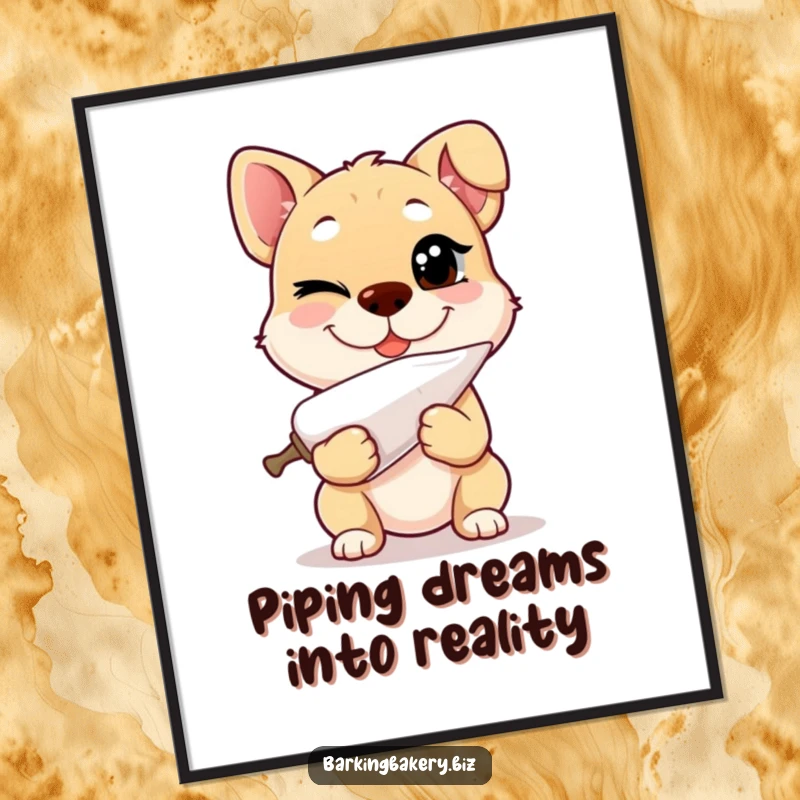 Funny Free Printable Wall Art: A dog winks adorably while holding a piping bag, showing a mischievous, playful grin.