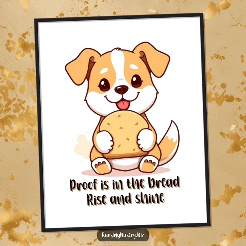 Funny Free Printable Wall Art: Proud dog happily presents a beautiful, golden loaf of freshly baked artisan bread, ready to impress.