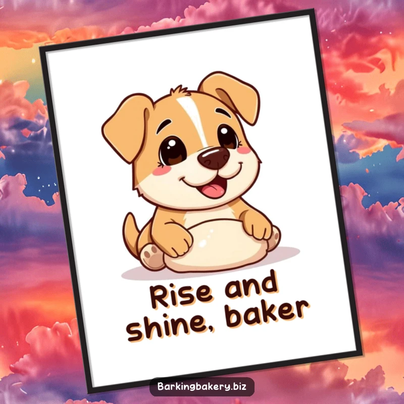 Funny Free Printable Wall Art: A dog adorned with flour on its nose joyfully kneads dough, perfect for kitchen art.