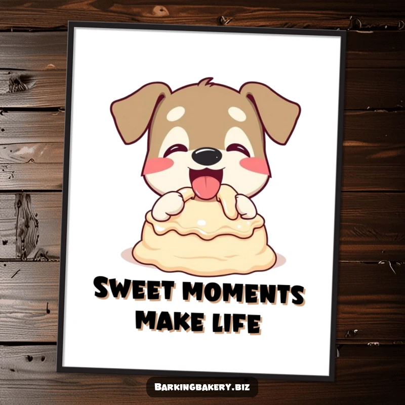 Funny Free Printable Wall Art of a dog enthusiastically tasting cake batter with a happy wagging tail.