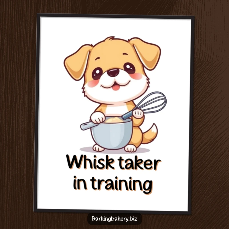 Funny Free Printable Wall Art: A cute dog holds a whisk, appearing eager and ready to mix something delicious.