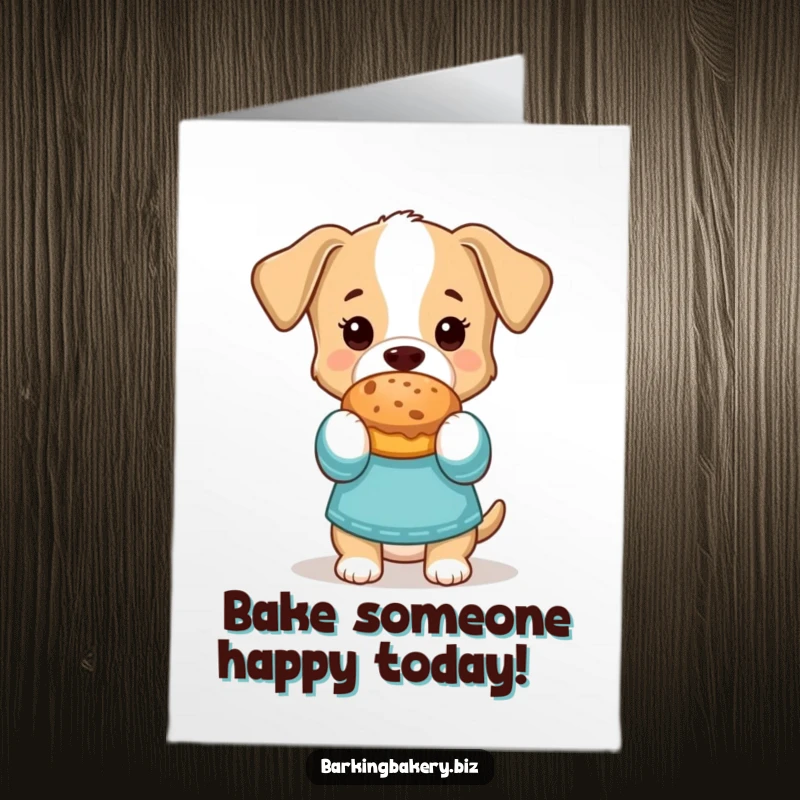 Funny Free Printable Birthday Card: Cute dog in oven mitts proudly holds a baked treat, ready for celebration.