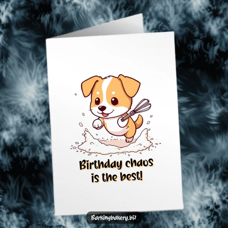 Funny Free Printable Birthday Card: A dog gleefully chases a dancing whisk amidst scattered flour.