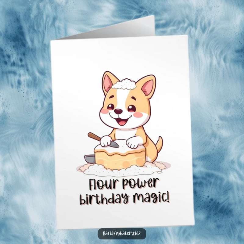 Funny Free Printable Birthday Card: Dog covered in flour baking a comically lopsided cake, pure baking chaos.