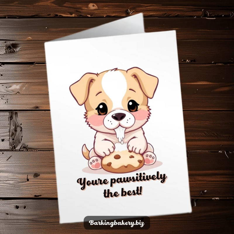 Funny Free Printable Birthday Card featuring a cute puppy covered in flour, gently patting a freshly baked cookie.