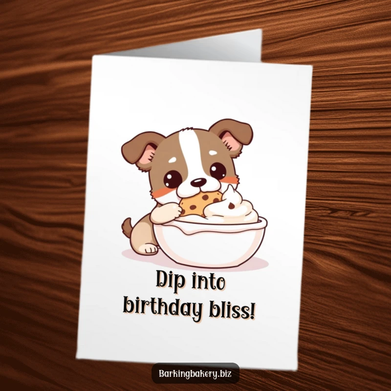 Funny Free Printable Birthday Card showing a dog gleefully dipping a cookie into a massive bowl overflowing with luscious frosting.