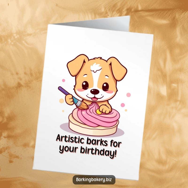 Funny Free Printable Birthday Card showing a creative dog painting with colorful frosting, making a delightful swirl.