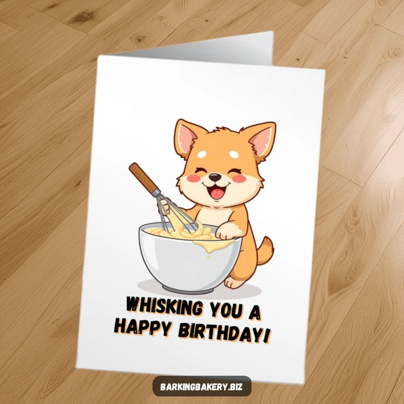 Funny Free Printable Birthday Card: Dog energetically mixing batter in a bowl with a large whisk, ready to party.