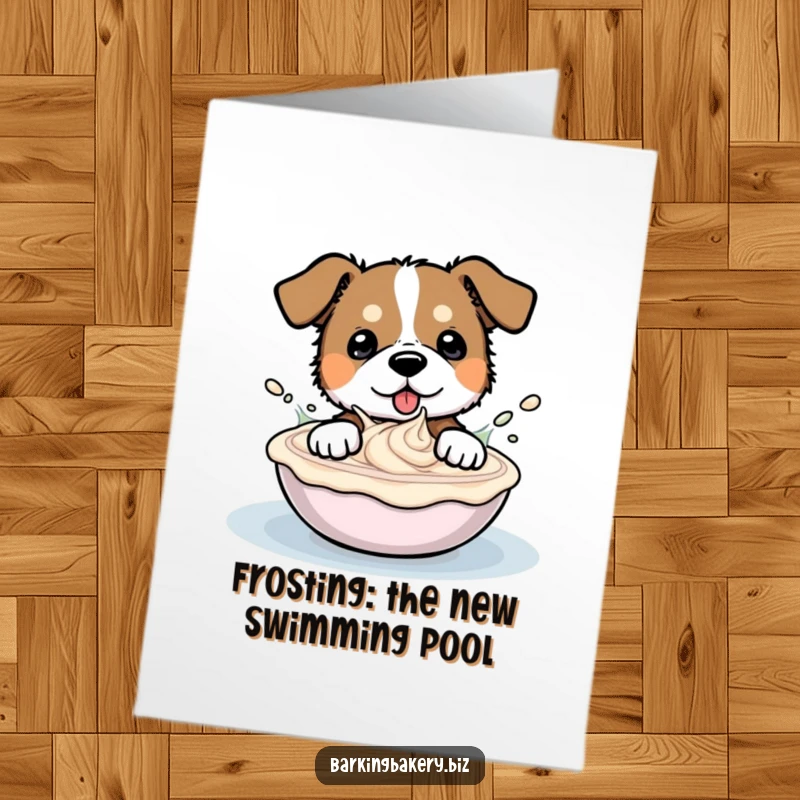 Funny Free Printable Birthday Card: a dog happily splashing in a bowl of white frosting, a delightful DIY gift.