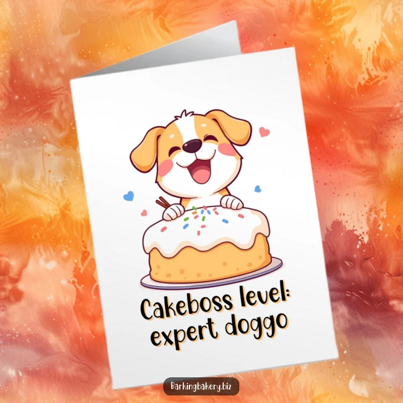 Funny Free Printable Birthday Card featuring a happy dog enthusiastically decorating a cake with sprinkles, a delightful DIY gift.