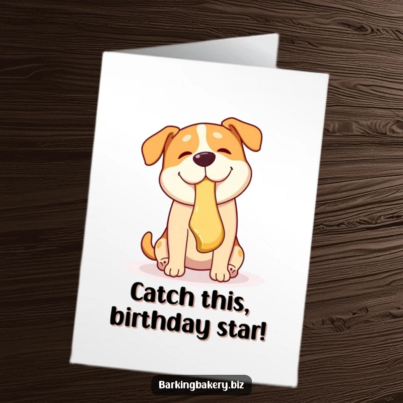 Funny free printable birthday card: dog with mouth open catching falling pastry, looking mischievous and delighted.