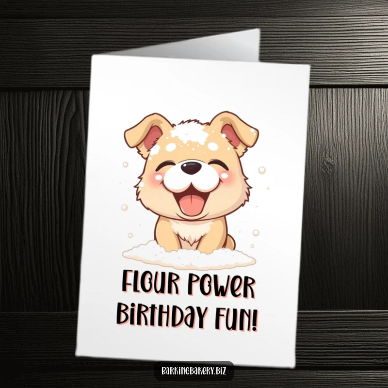 Funny Free Printable Birthday Card: A dog giggling uncontrollably while covered in a dusting of flour, a DIY gift.