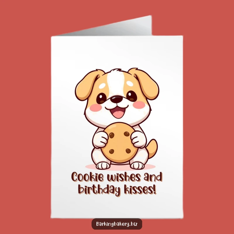 Free Printable Birthday Card: Kawaii Dog with Cookie Wishing a Sweet, Happy Birthday Gift