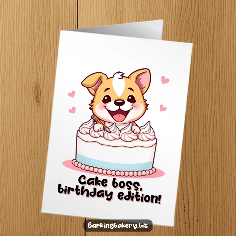 Funny Free Printable Birthday Card: A dog happily swirling bright frosting onto a cake with a playful expression.