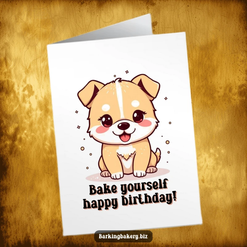 Funny Free Printable Birthday Card: Cheerful dog covered in flour, spreading it around with a happy, mischievous grin.