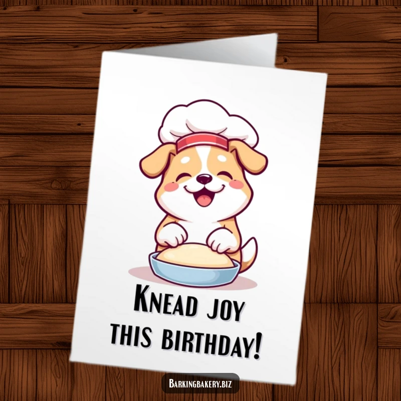 Funny Free Printable Birthday Card: Dog in chef hat joyfully kneading dough with paws, ready to bake.