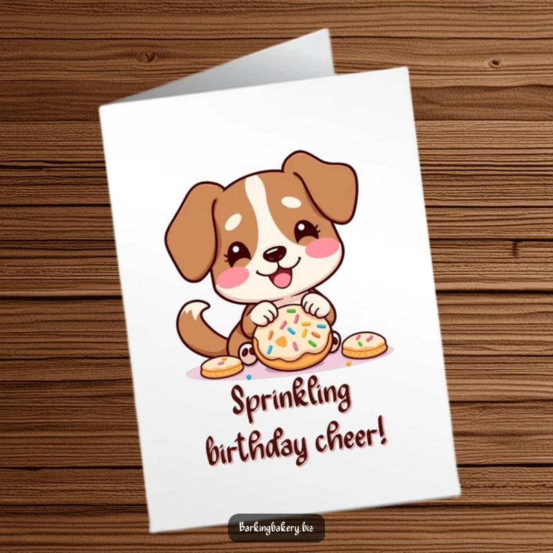 Funny Free Printable Birthday Card: Excited dog with wagging tail happily decorating a cookie with colorful sprinkles.