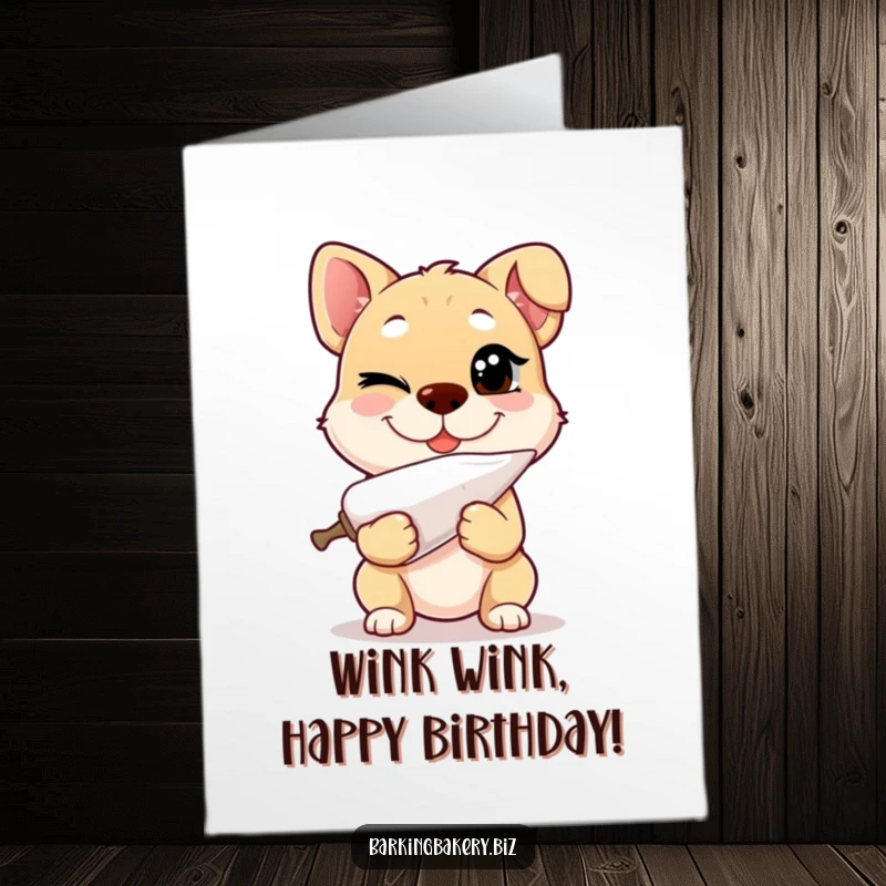 Funny Free Printable Birthday Card: A dog winking slyly while holding a piping bag, sporting a playful grin.